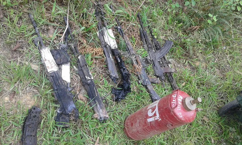 Charred remains of weapons after militants ambushed an Indian Army convoy yesterday. (Photo: ANI) 