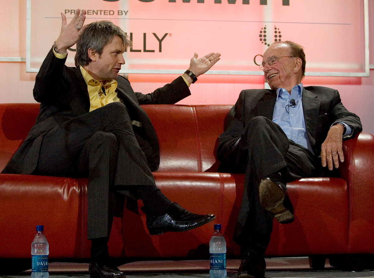 Rupert Murdoch (right) and MySpace Chief Executive Chris DeWolfe speak at the Web 2.0 summit in San Francisco, California, on 17&nbsp; October  2007.&nbsp;