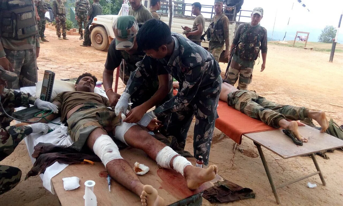 Indian Army Jawan being treated after the ambush in Manipur.