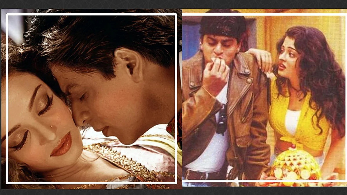 Aishwarya Rai and Shah Rukh Khan as lovers in a still from <i>Devdas</i> and as siblings in <i>Josh </i>(R)