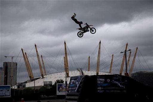 Professional motocross bikers perform at the O2 Arena in Canary Warf, London. 