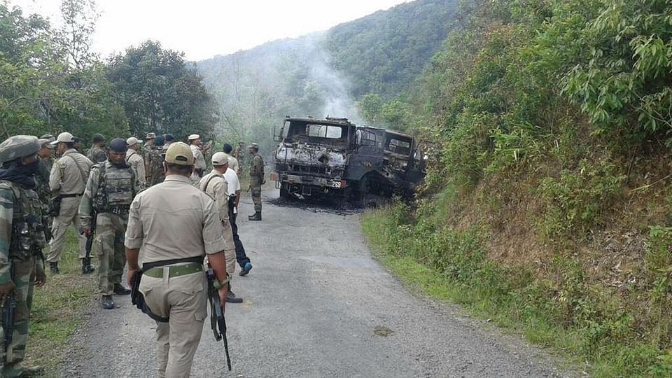 Army personnel in Manipur where a convoy of four trucks carrying 46 soldiers was ambushed by insurgents. (Photo: PTI)
