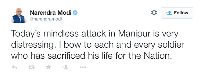 Prime Minister Modi’s tweet condemning the ambush attack on the Indian Army. (Photo: <a href="https://twitter.com/narendramodi">Twitter</a>) 