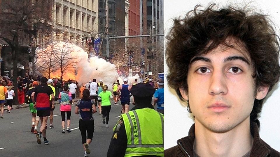 Runners continue to run towards the finish line of the Boston Marathon as an explosion erupts on 15 April ,2013 (L). File image of Dzhokhar Tsarnaev by FBI. (R) (Photo: Reuters)