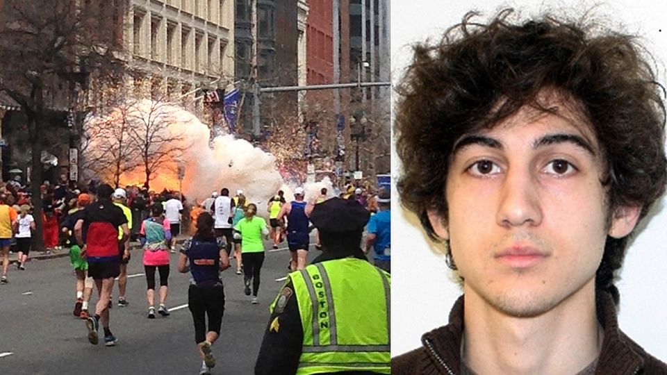 Runners continue to run towards the finish line of the Boston Marathon as an explosion erupts on April 15, 2013 (L). File image of Dzhokhar Tsarnaev by FBI. (R) (Photo: Reuters)