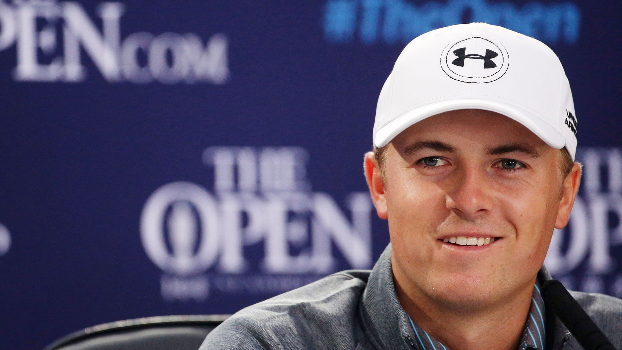 United States’ Jordan Spieth smiles during a news conference ahead of a practice round at the British Open. (Photo: AP)