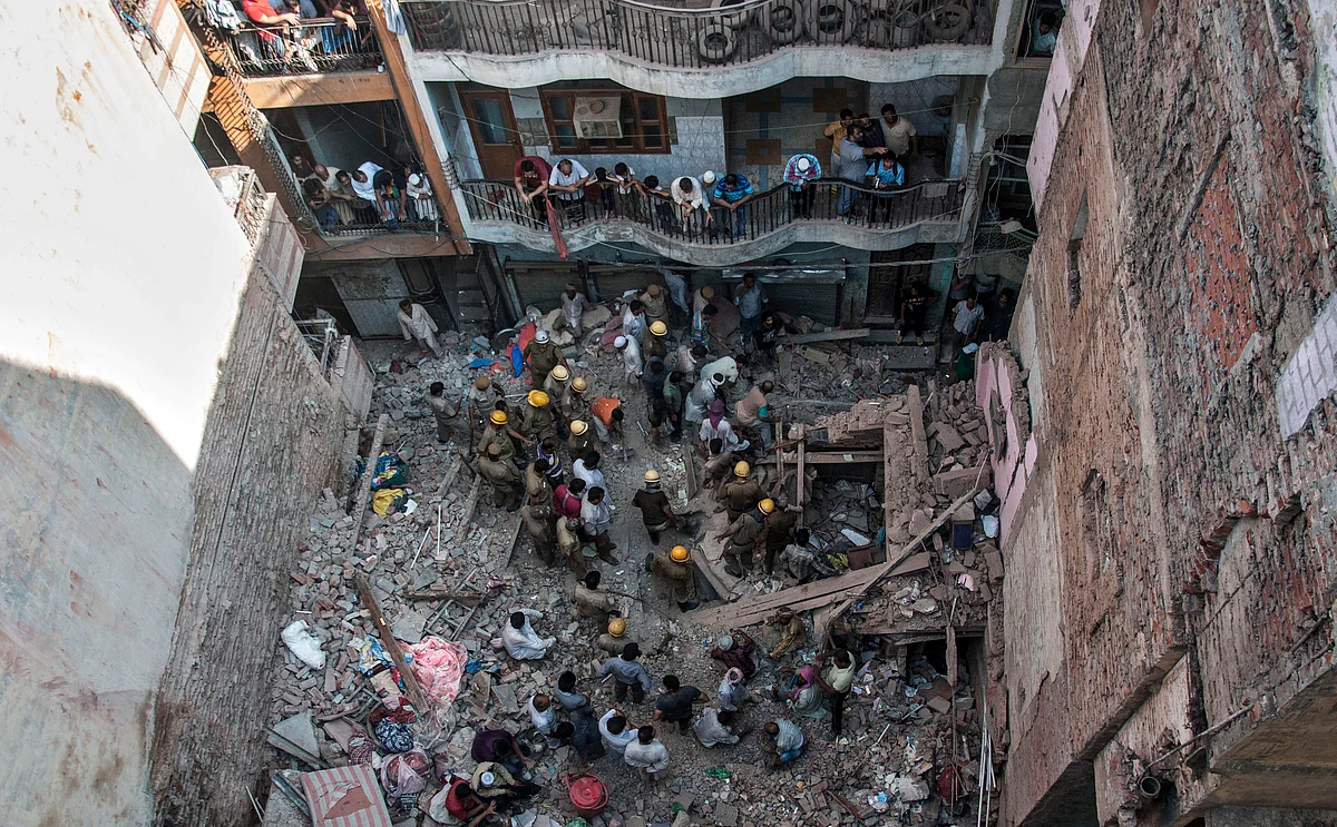 A residential building collapsed in north Delhi’s Bara Hindu Rao area, which killed two people (Photo: Reuters) 