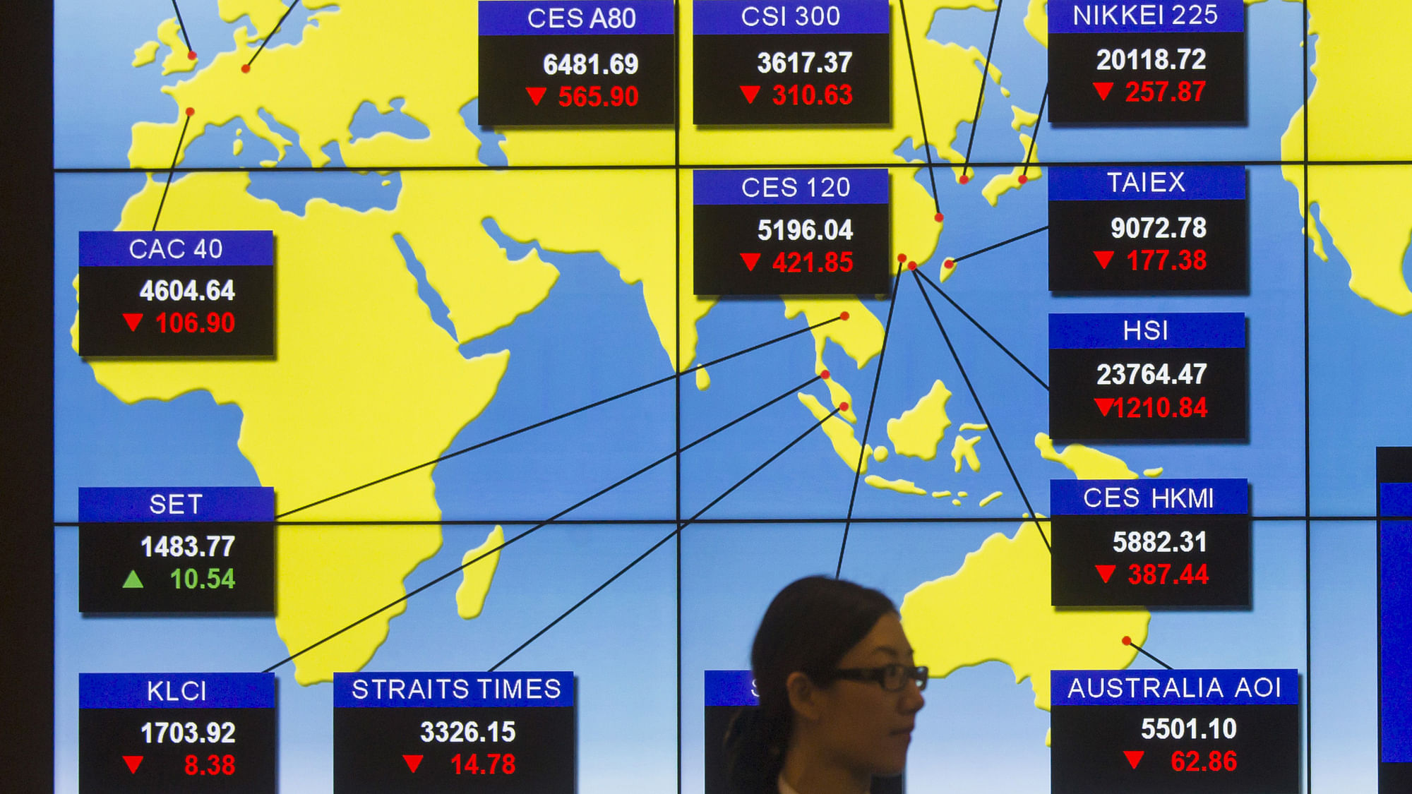 A security guard stands in front of a panel displaying stock indexes of Asian markets at Hong Kong Exchanges in Hong Kong, China July 8, 2015. (Photo: Reuters)