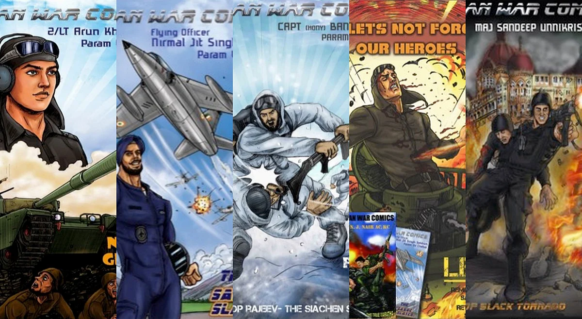 Some of the comics in Aditya Bakshi’s Indian War Comics series.