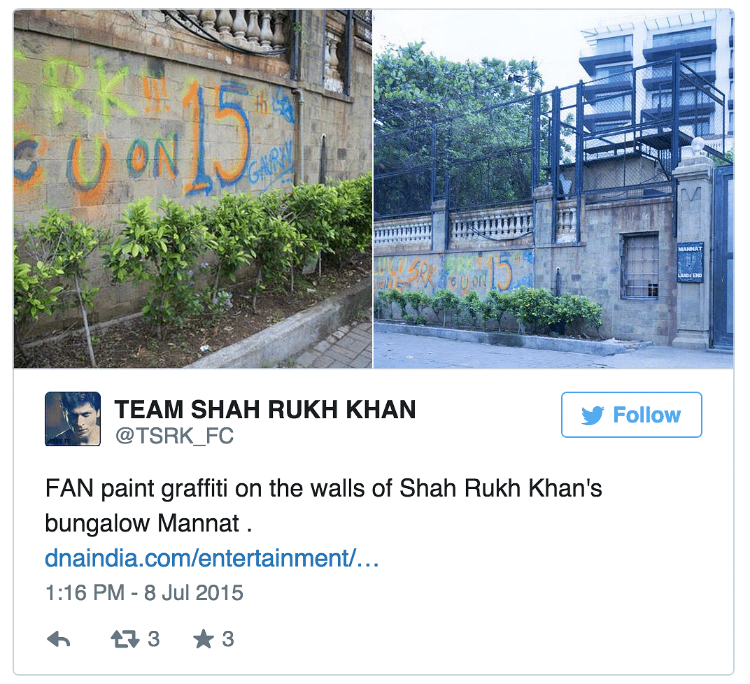The walls of Shah Rukh Khan’s home Mannat was defaced with graffiti by alleged fans
