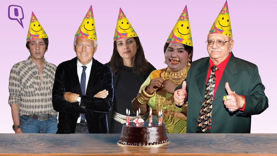 Happy birthday (L-R) Kumar Gaurav, Giorgio Armani,  Jhumpa Lahiri, Tun Tun and Bejan Daruwalla. (Photo: The image has been altered by <i>The Quint</i>)