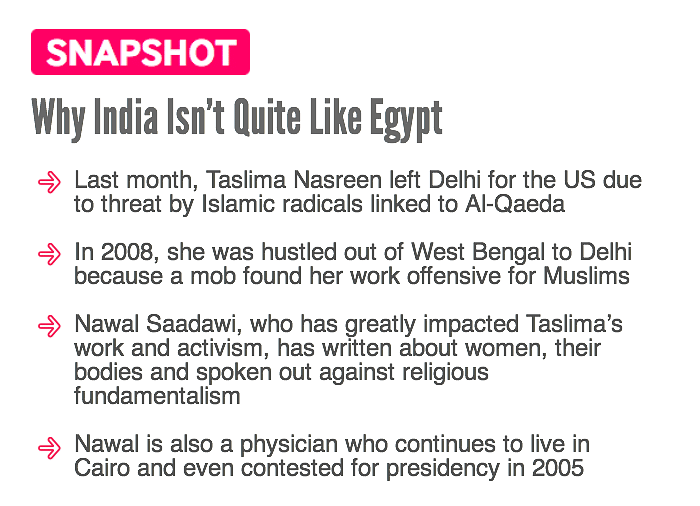 A fiery Egyptian writer did not have to meet the same fate as Taslima Nasreen did in India, writes Aditi Bhaduri. 