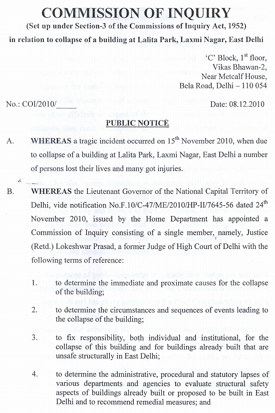 Public notice about setting up an enquiry commission to look into the Lalita Park building collapse 