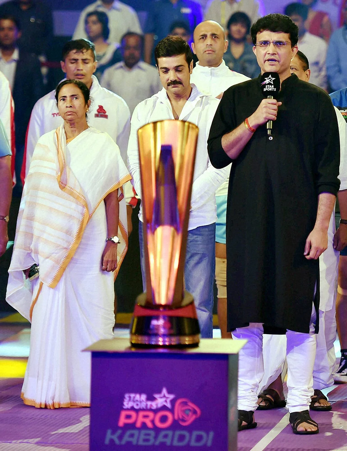 Sourav Ganguly sings the national anthem before the Pro Kabbadi game in Kolkata on Wednesday night. (Photo: PTI)
