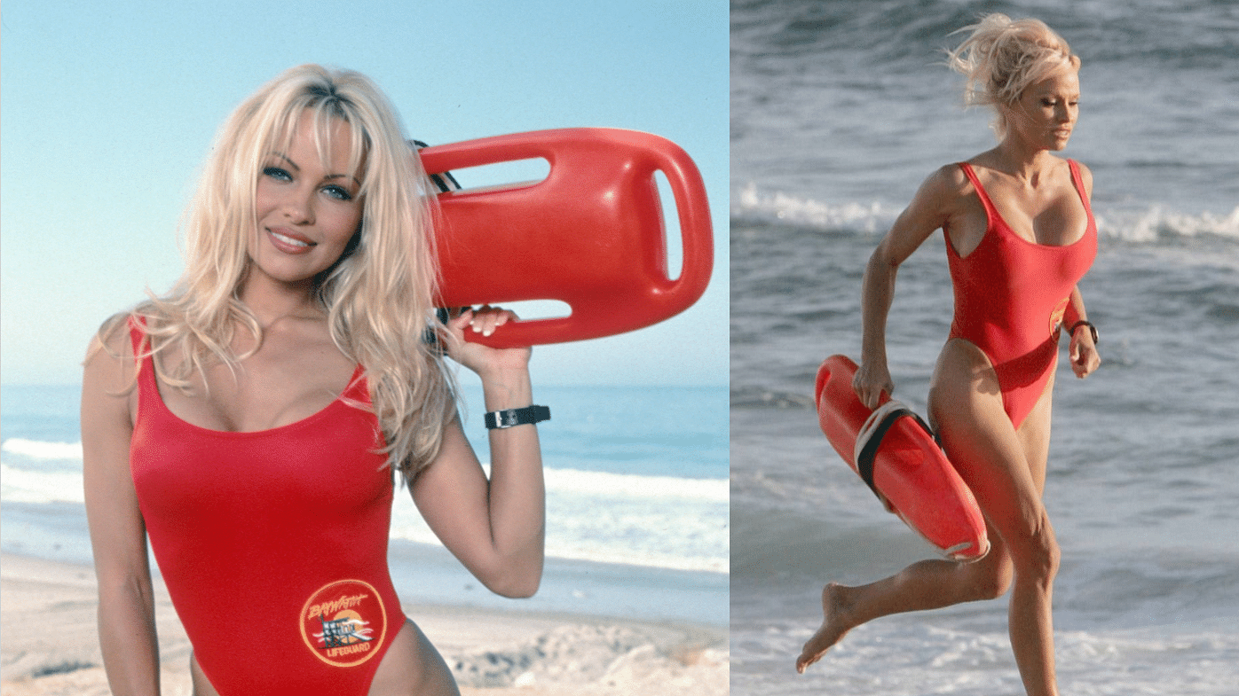 Pamela Anderson in scenes from the popular TV series <i>Baywatch </i>