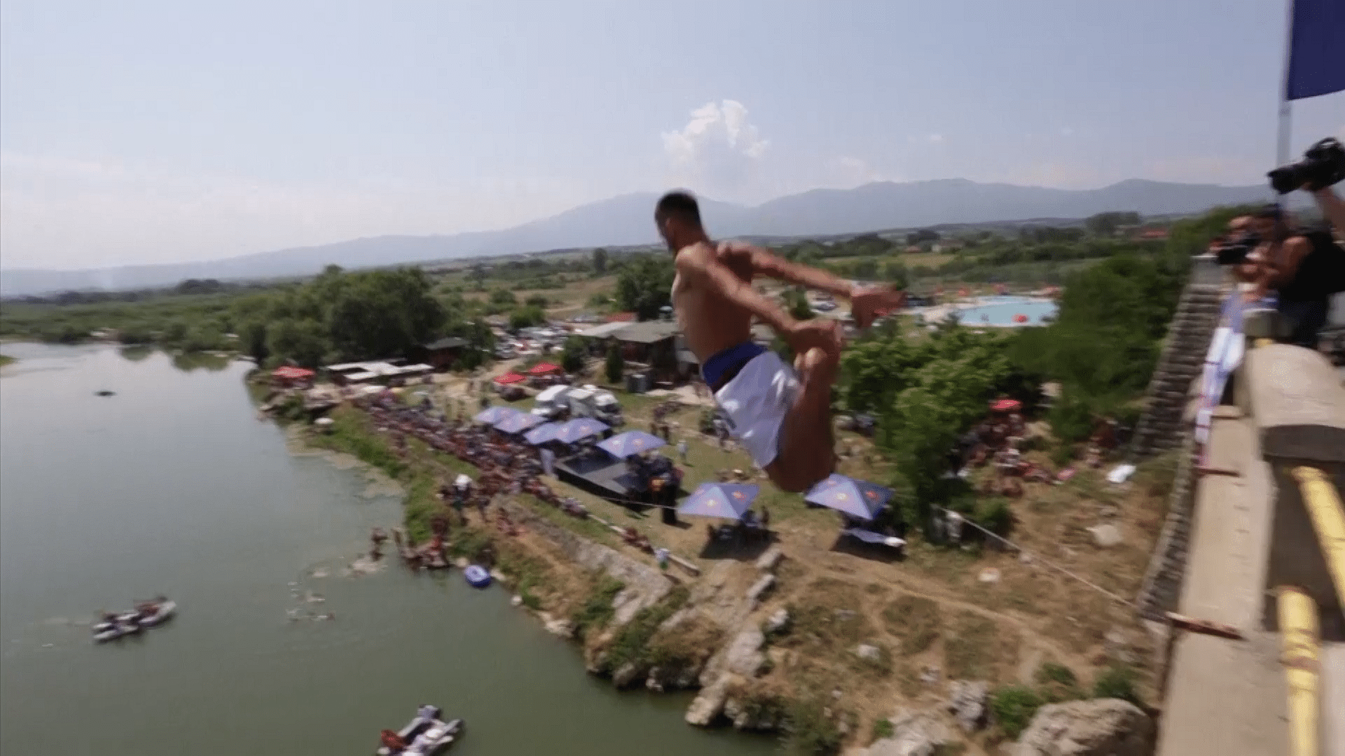 A participant diving off the 72 Feet high Fshajt Bridge on Drin River in Kosovo. (Photo Courtesy: AP Screengrab)