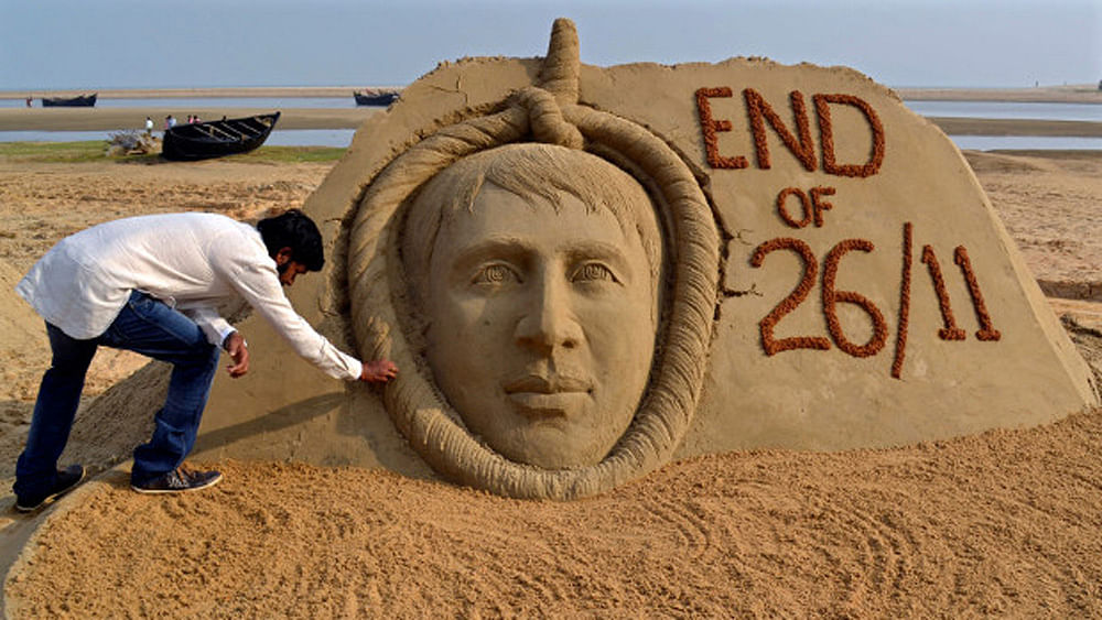 A sand sculpture in Odisha of Mohammad Ajmal Kasab, who was secretly hung by India in November 2012 for being part of the 2008 attack on Mumbai. (Photo: Reuters)