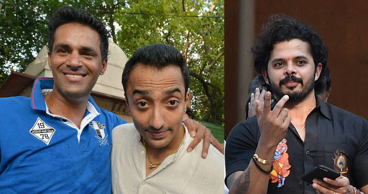 Cricketers Ajit Chandila, Ankeet Chavan and S Sreesanth outside the Patiala House Courts in New Delhi after a trial court discharged them in the spot-fixing scandal on Saturday. (Photo: PTI)