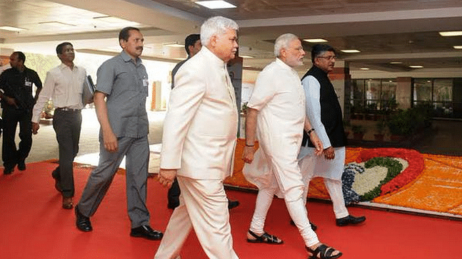 PM Narendra Modi arrives at the Indira Gandhi indoor stadium to&nbsp;launch the ‘Digital India’ initiative. (Photo Courtesy: Twitter/<a href="https://twitter.com/PIB_India">@<b>PIB_India</b></a>)