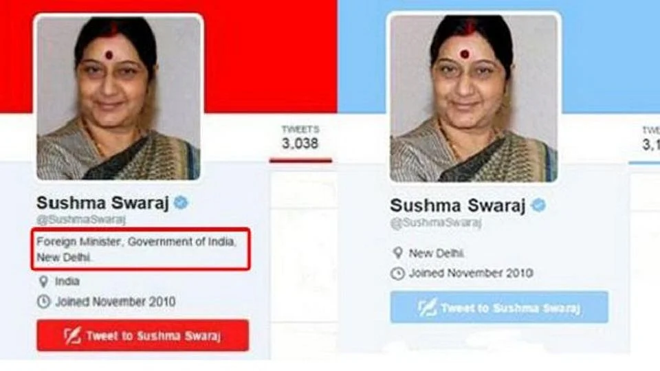 External Affairs Minister Sushma Swaraj on Wednesday had removed the post of Foreign Minister from her Twitter bio. (Courtesy: <a href="https://twitter.com/drunkvinodmehta">@DrunkVinodMehta</a>)