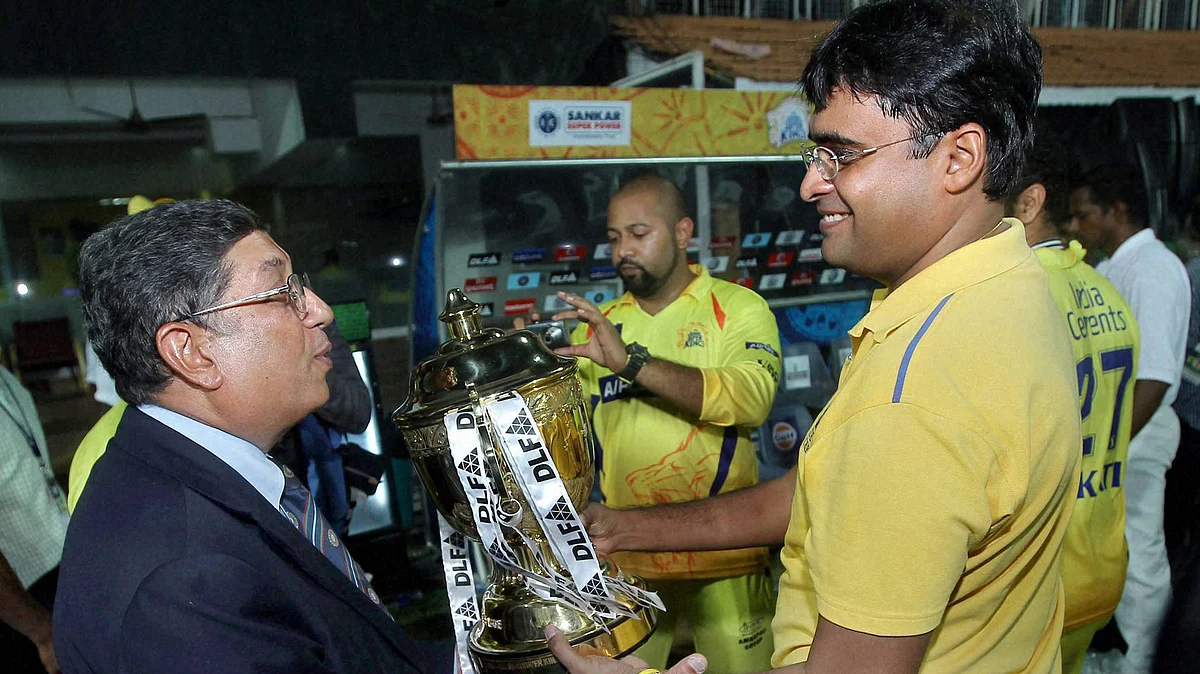 File picture of former Chennai Super Kings’ official Gurunath Meiyappan with his father-in-law and N Srinivasan. (Photo: PTI)
