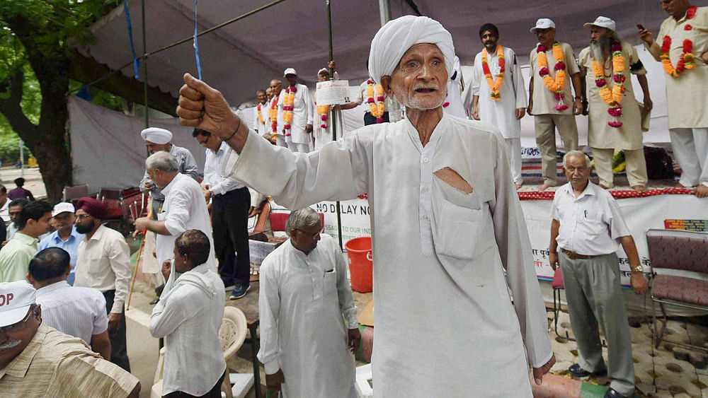 Ex-servicemen during their agitation for “One Rank One Pension” at Jantar Mantar in New Delhi, August 14, 2015.&nbsp;(Photo: PTI)
