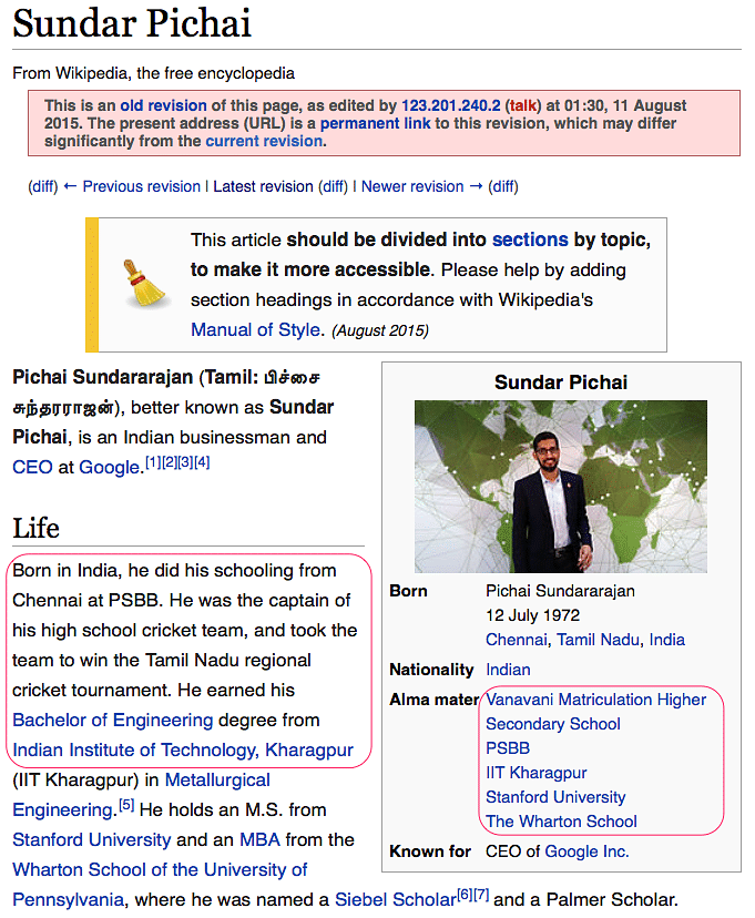 

Soon after Pichai’s name hit the web as the new Google CEO, his Wikipedia page witnessed nothing short of a web-war