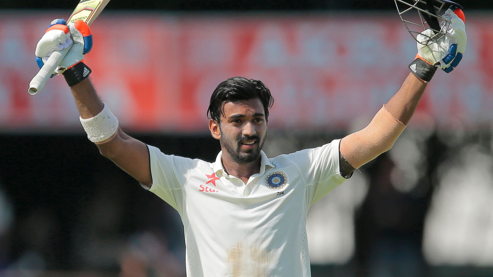 File photo of KL Rahul celebrating after scoring his second test century, in Colombo, against Sri Lanka.&nbsp;