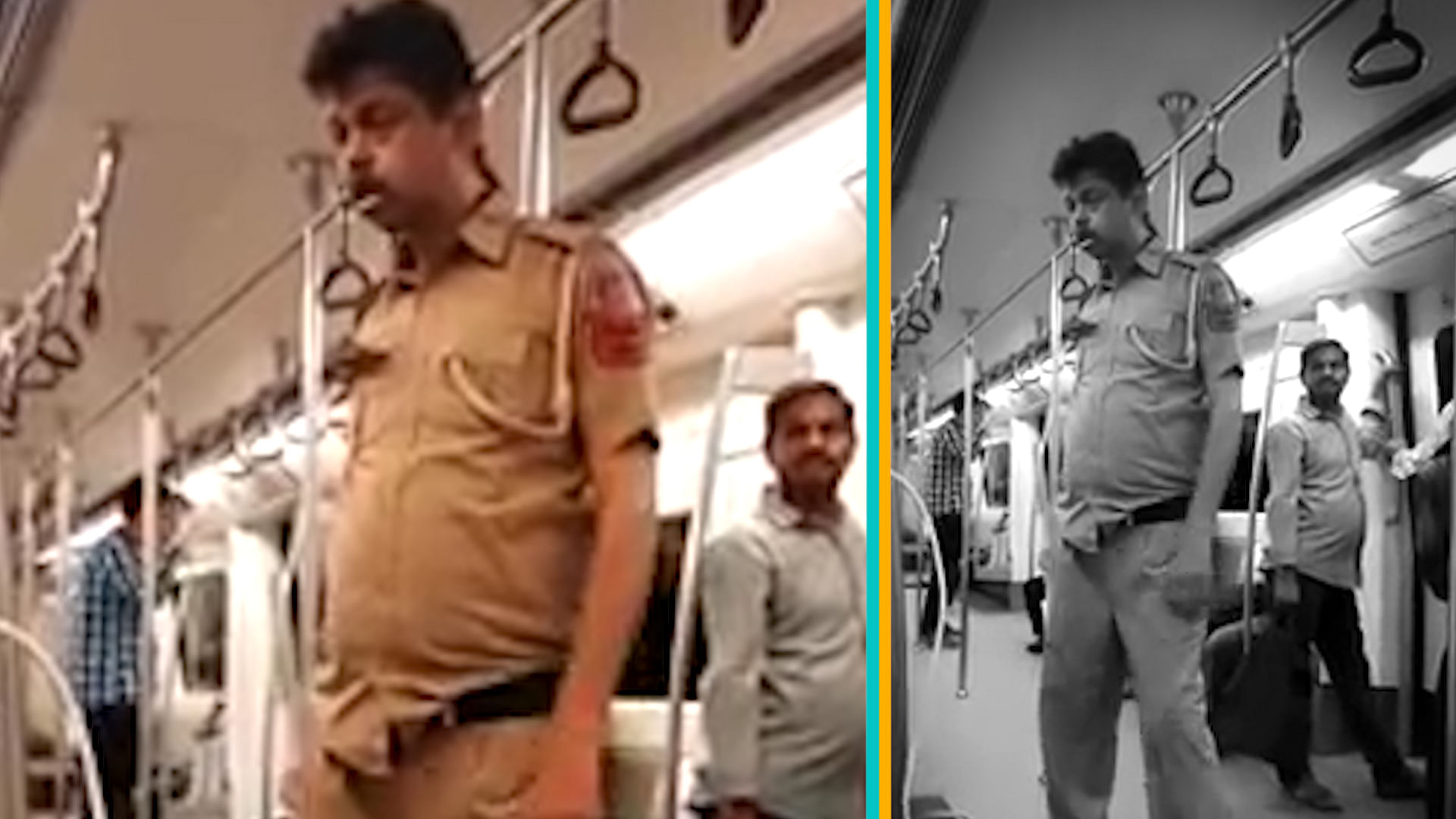 Still of the drunk cop spotted inside a Delhi Metro coach.