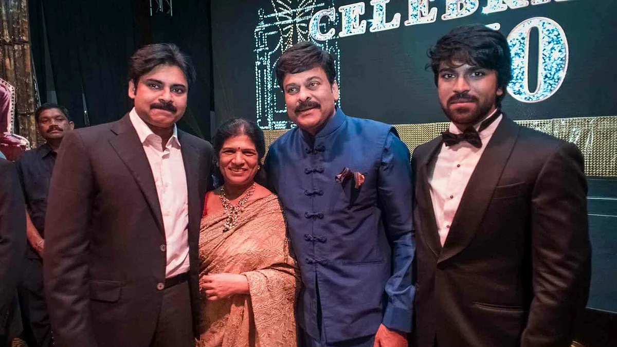 Pawan Kalyan (Chiranjeevi’s brother), Ram Charan (Chiranjeevi’s son) with Chiranjeevi and his wife. 