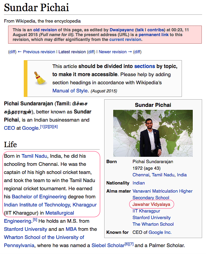 

Soon after Pichai’s name hit the web as the new Google CEO, his Wikipedia page witnessed nothing short of a web-war