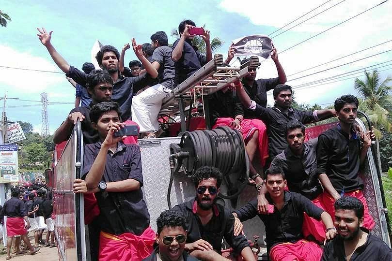 An engineering college’s Onam rally in Thiruvananthapuram had students piling on vehicles, including a fire truck.