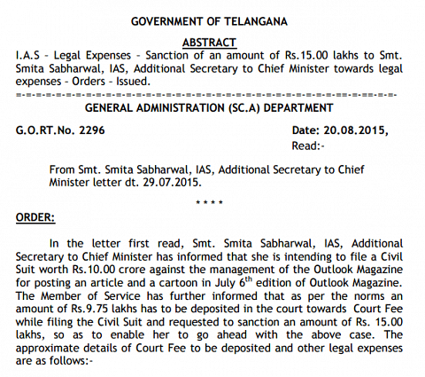 Telangana govt allots Rs 15 lakh to IAS officer Smita Sabharwal  for lawsuit against ‘Outlook’