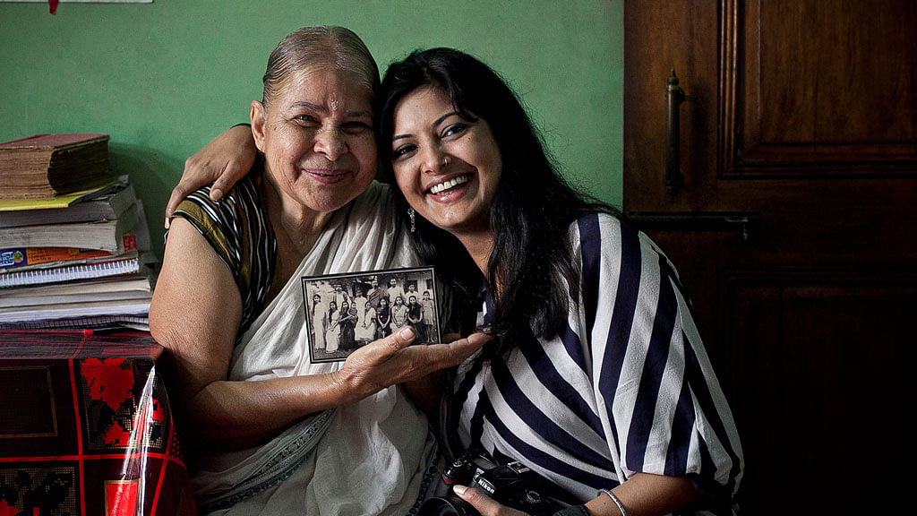 Smita Sharma with her grandmother’s cousin Shukla Roy in Sylhet, Bangladesh. (Photo: Allison Joyce)