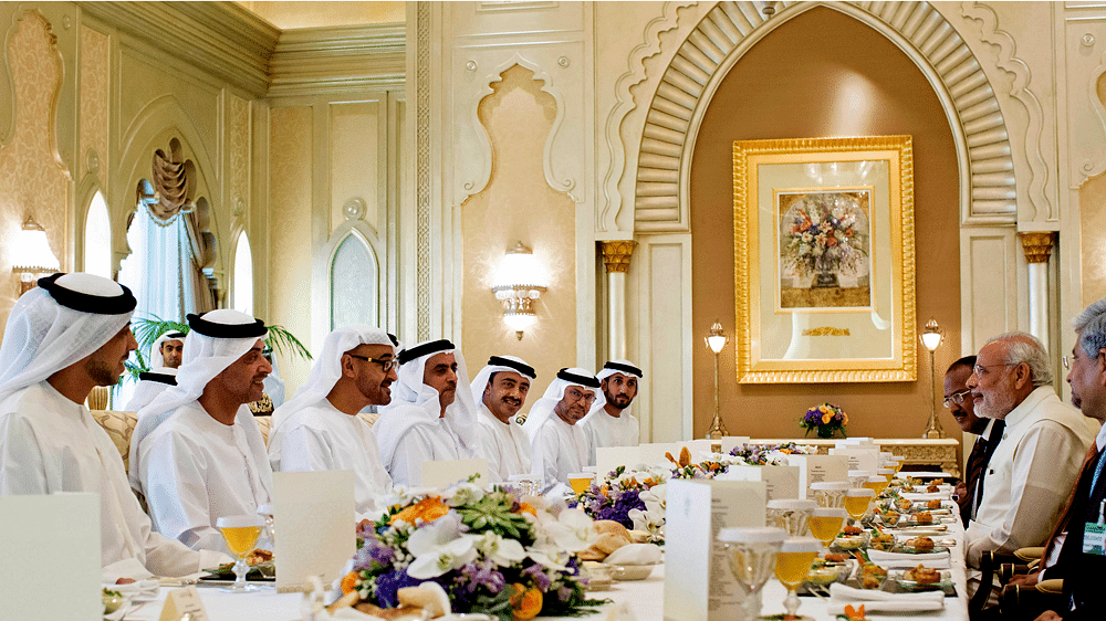Sheikh Mohamed bin Zayed Al Nahyan, Crown Prince of Abu Dhabi and Deputy Supreme Commander of the UAE Armed Forces, third left, talks to NarendraModi, Prime Minister of India, right, at the Emirates Palace Hotel in Abu Dhabi, United Arab Emirates, August 17, 2015.&nbsp;(Photo: AP)