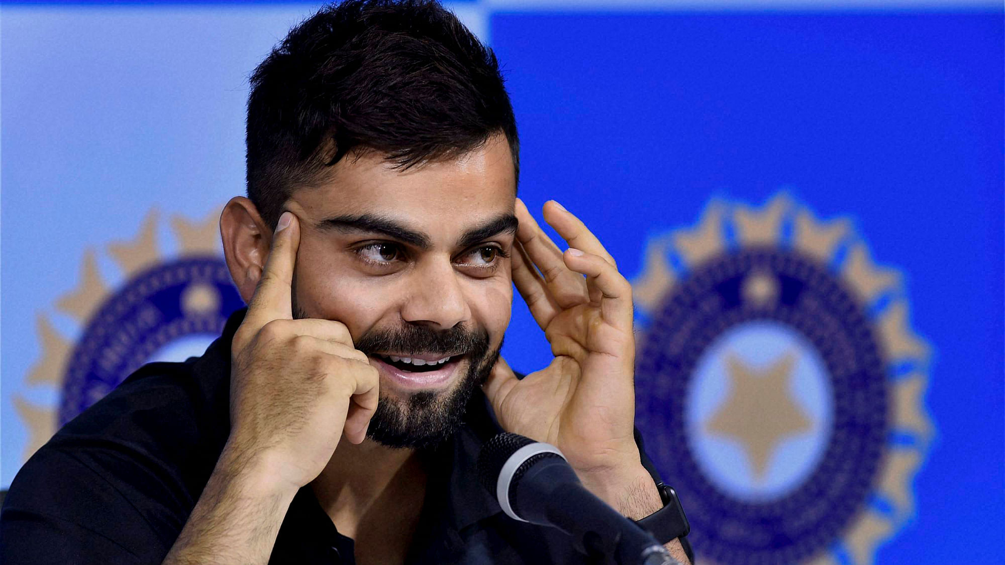 India’s test  captain Virat Kohli addresses the media persons during the pre-departure press conference at MAC Stadium in Chennai on Sunday. (Photo: PTI)
