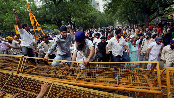 File photo of Sikh community members during a protest demanding justice for the victims of 1984 anti-Sikh riots at Jantar Mantar in New Delhi.&nbsp;