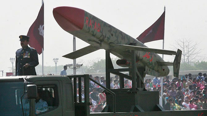 

Pakistan’s nuclear-capable air-launched “Ra’ad” cruise missile is driven past during the National Day military parade in Islamabad. (Photo: Reuters)