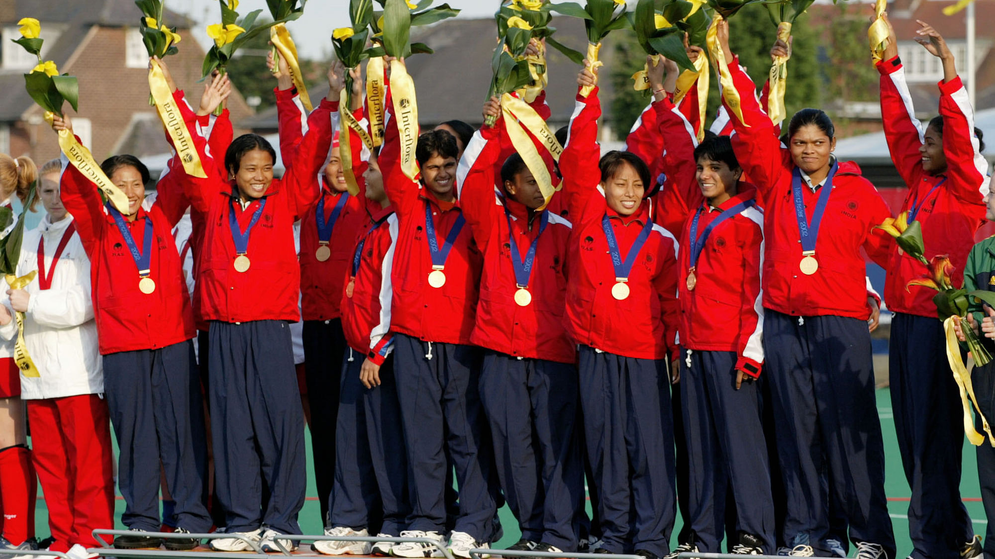 The Indian Women’s Hockey team are ecstatic after winning the gold medal at the Commonwealth Games in Manchester in August, 2002.