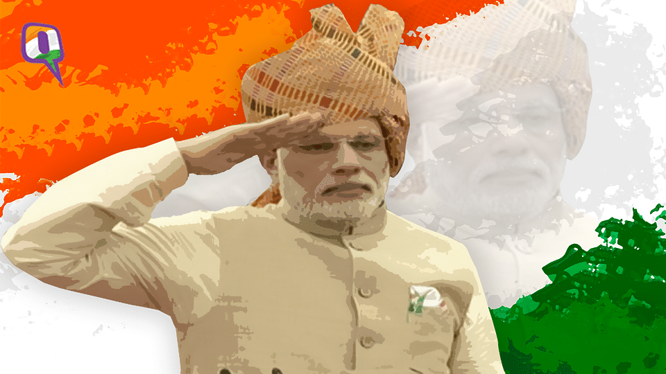 PM&nbsp;Narendra Modi addresses the nation on the occasion of Independence Day. (Image altered by The Quint)