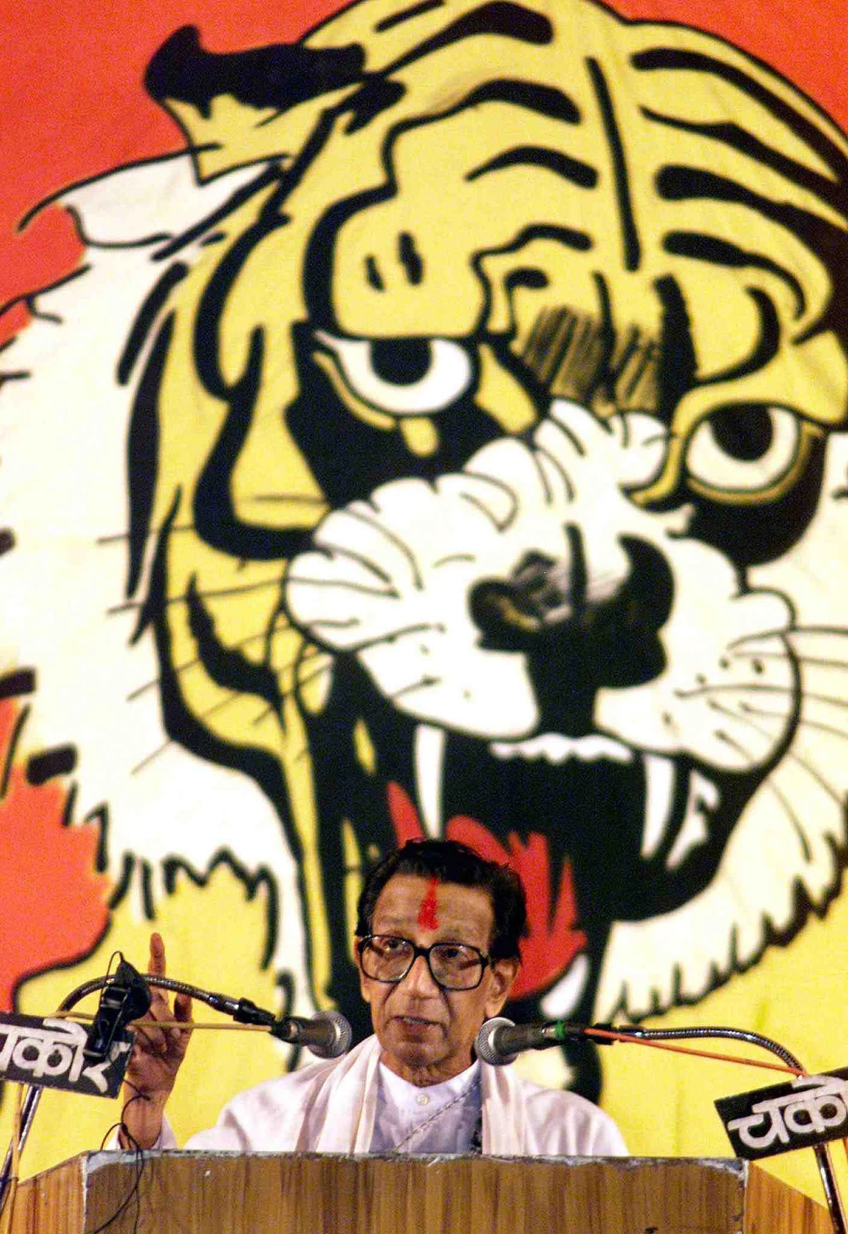 A file photo of Bal Thackeray addressing a rally in 2002.