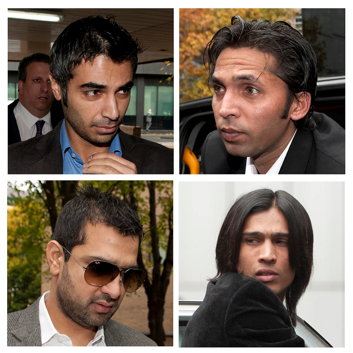 Former Pakistan cricket captain Salman Butt (top L), cricketers Mohammad Asif (top R), Mohammad Amir (bottom R) and agent Mazhar Majeed arriving for their sentencing at Southwark Crown court in London. (Photo: Reuters)