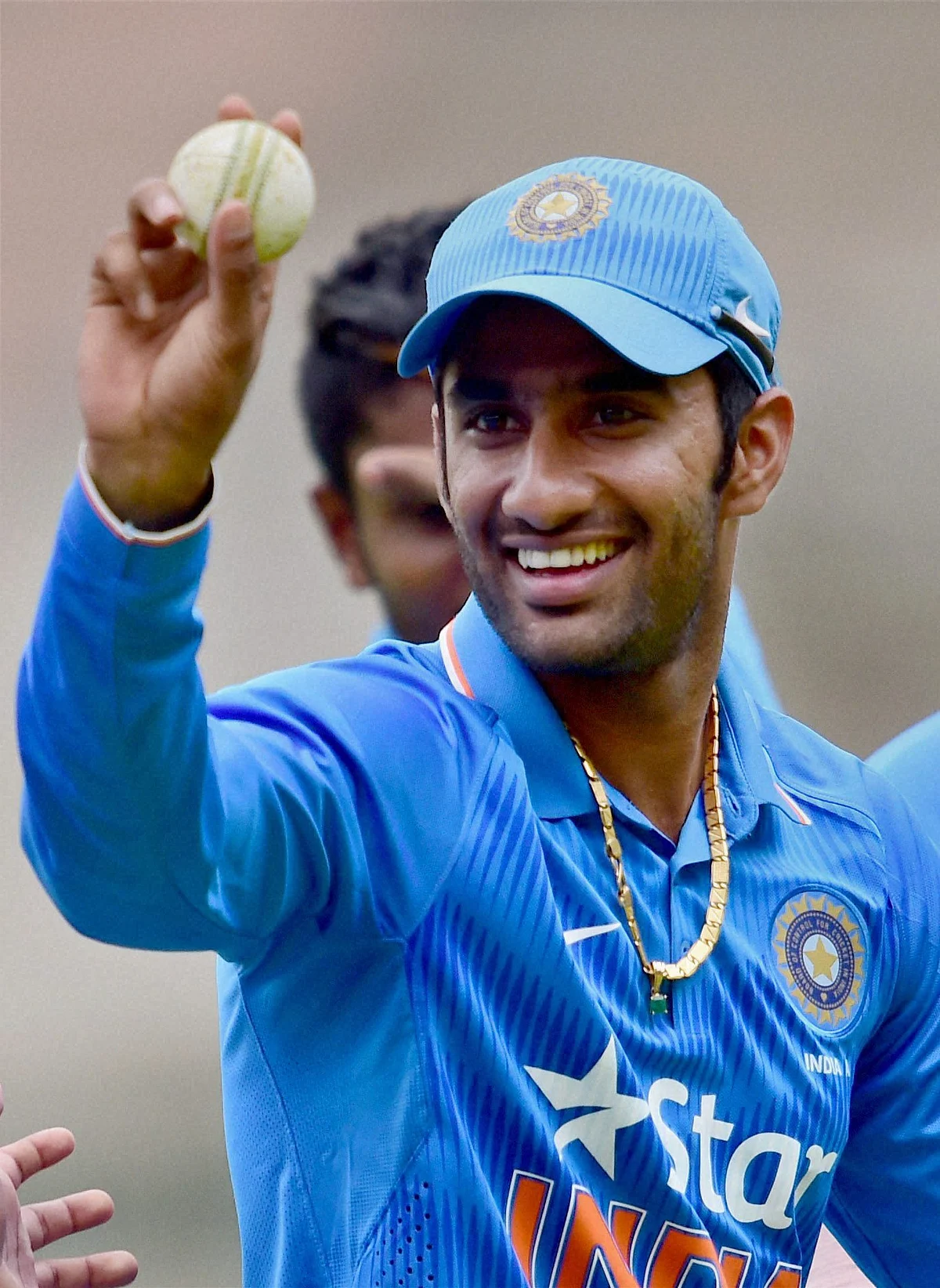 India ‘A’ player Gurkeerat Singh Maan showing the ball after he took 5 wickets in the 1st unofficial ODI against Bangladesh ‘A’. (Photo: PTI)