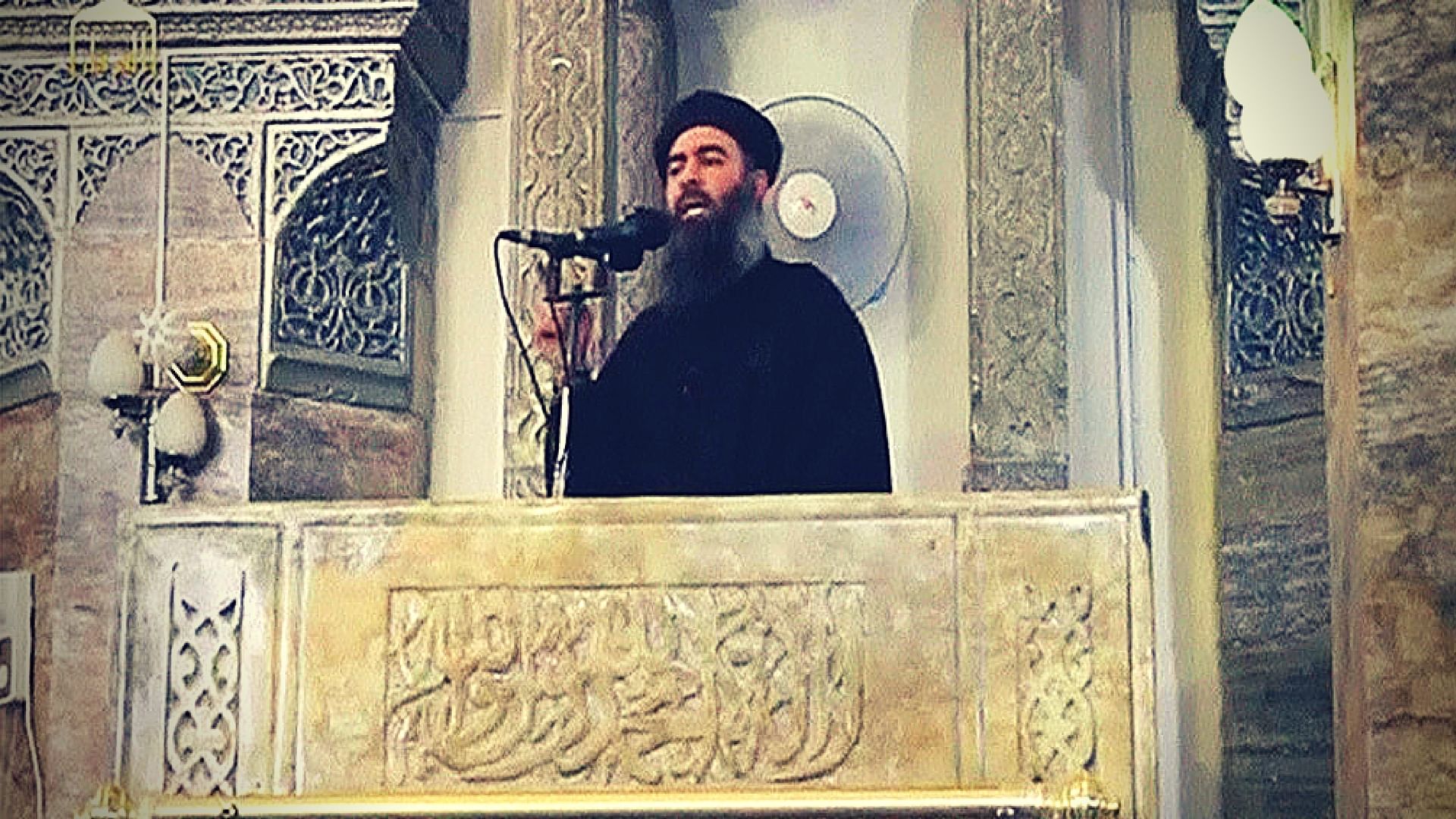 Abu Bakr al-Baghdadi, the chief of Islamic State delivering a sermon in 2014.&nbsp;