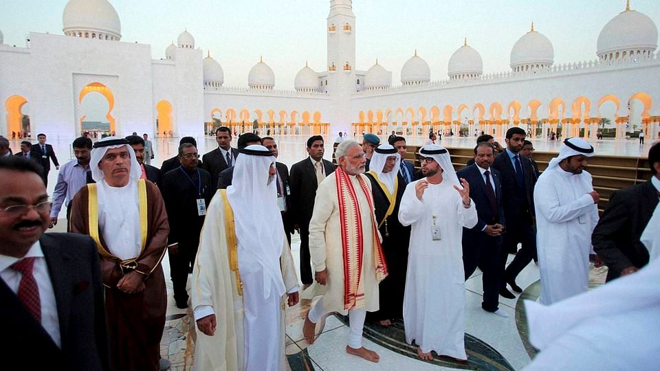 

Narendra Modi with Sheikh Hamdan bin Mubarak Al Nahyan, at the Sheikh Zayed Grand Mosque on the first day of his two-day visit to the UAE. (Photo: PTI)&nbsp;