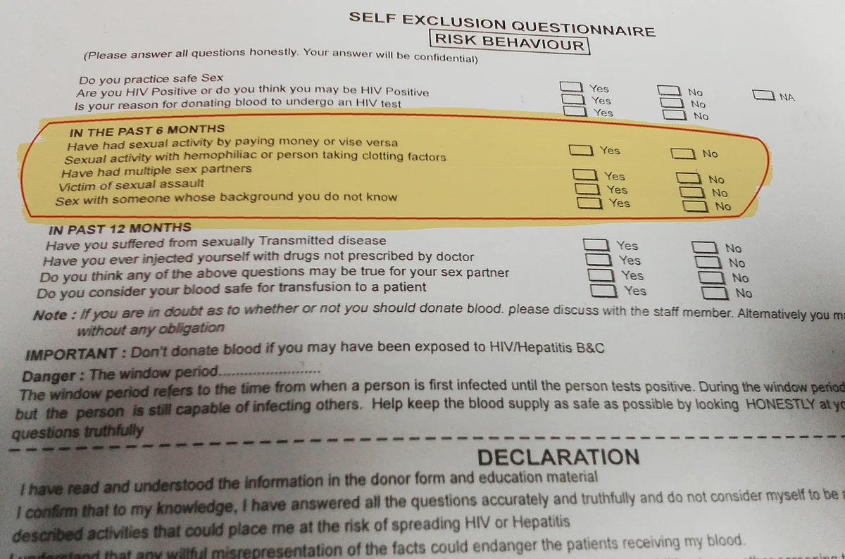 The ‘Sexual History’ section of the Fortis Hospital blood donor form.