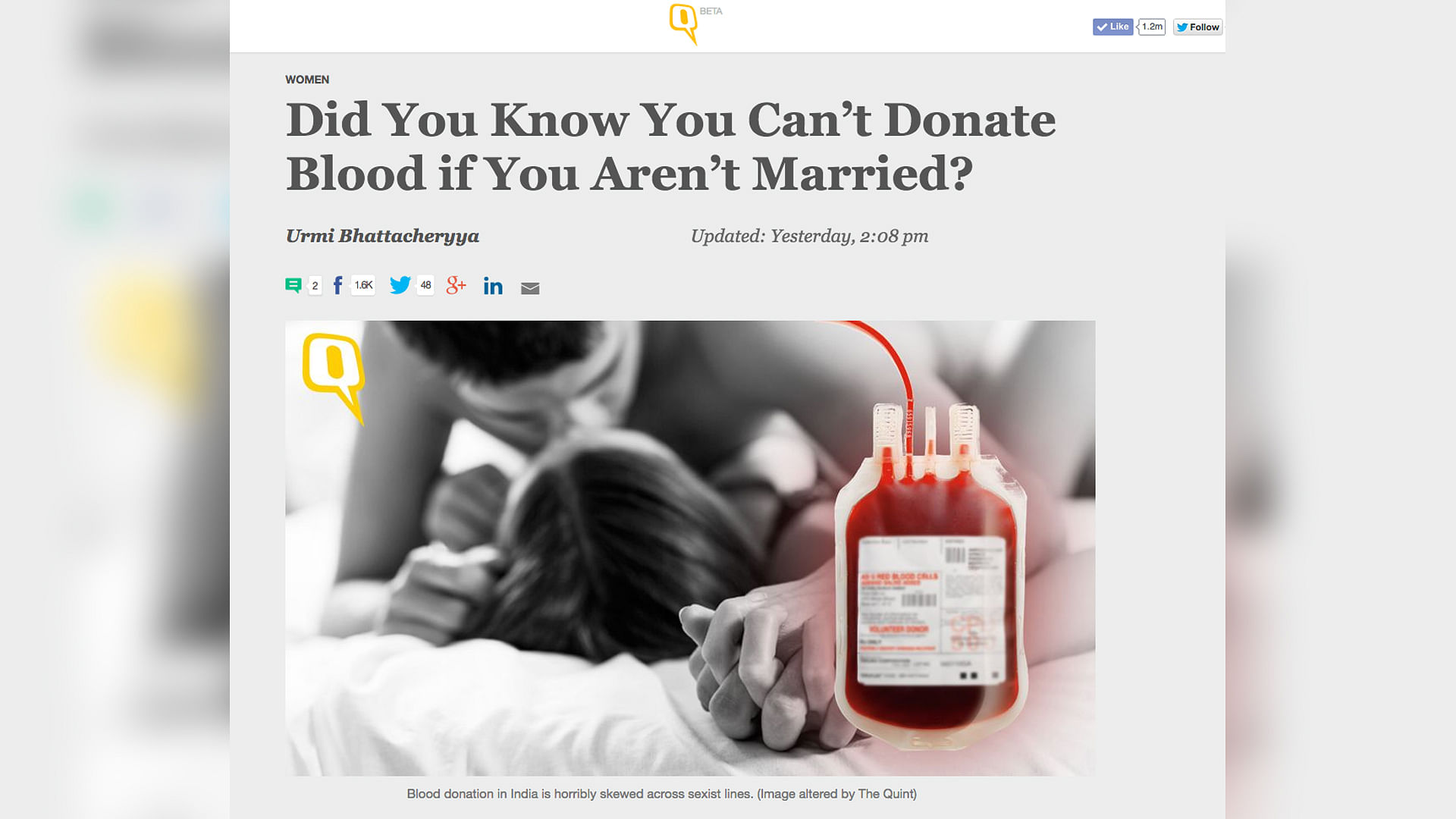 Blood donation in India is horribly skewed across sexist lines. (Image altered by The Quint)