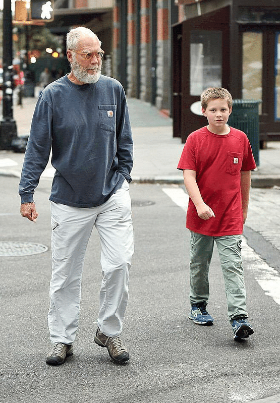 Celebrity host David Letterman was spotted in NYC with his son Henry, sporting his scruffy post retirement look.