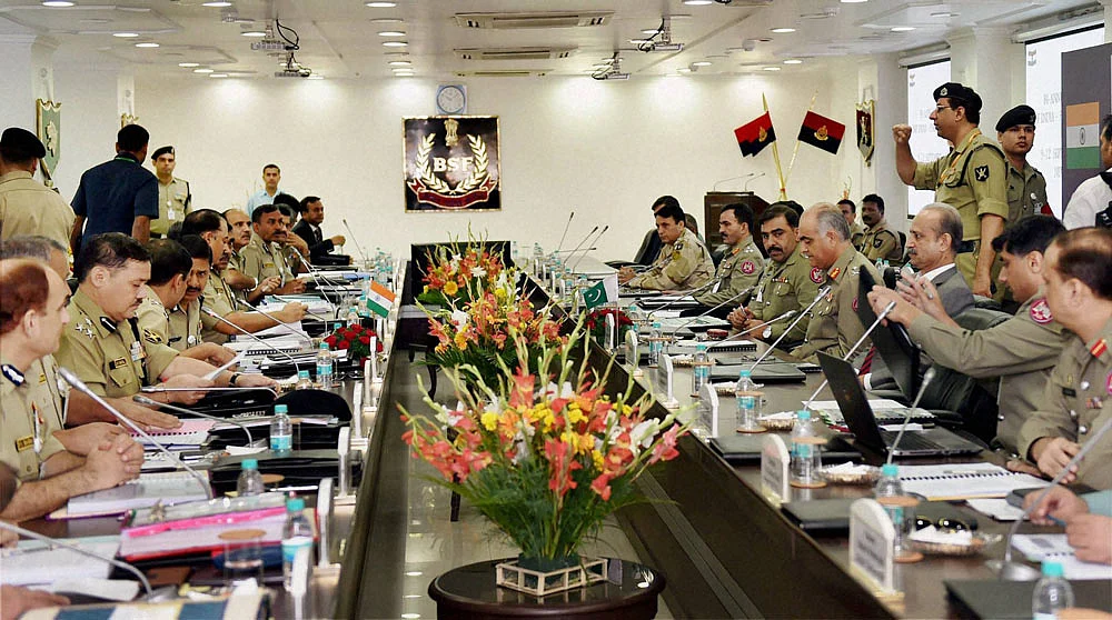 BSF Director General DK Pathak and Pakistani Rangers DG (Punjab), Major General Umar Farooq Burki at the meet. (Photo: PTI)