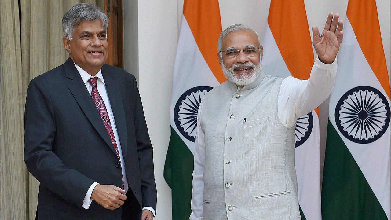  Prime Minister Narendra Modi with his Sri Lankan counterpart Ranil Wickremesinghe before their meeting at Hyderabad House in New Delhi. (Photo: PTI)